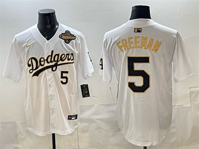 Men's Los Angeles Dodgers #5 Freddie Freeman White Gold 2025 World Series Champions Patch Limited Stitched Baseball Jersey